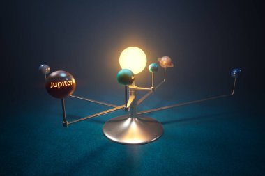 Bu tasvirde, derin mavi bir arka planda etiketlenmiş gezegenler ile detaylı ve aydınlatılmış bir 3D düzenleme sergilenmektedir, eğitici ve bilimsel araştırmalar için ideal.