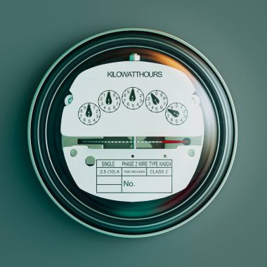 A detailed view of an analog kilowatt-hour meter capturing its precision dials for electricity consumption measurement. Set against a clear background, showcasing mechanical specifics. clipart