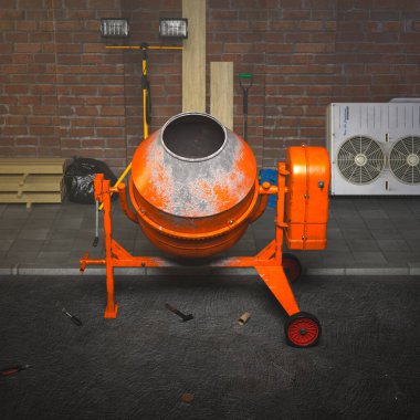 Etrafında inşaat aletleri olan canlı bir turuncu çimento mikseri yakalamak, endüstriyel bir ortamda tuğla bir duvarın zeminine dayanmak..