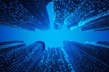 Canlı ağ ızgarası ve parıldayan noktalarıyla dijital gökdelenlerin düşük açılı büyüleyici görüntüsü, mavi tonlarda gelişmiş, gelecekçi şehir manzarası kavramını gösteriyor.