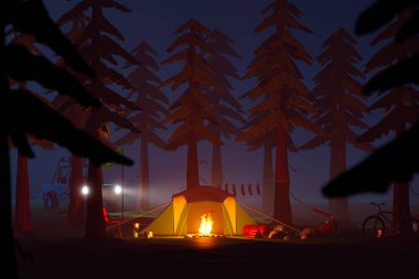 Bereketli bir ormanın içine yerleşmiş huzurlu bir kamp alanı alacakaranlıkta canlanıyor. Parlak bir çadır ve sıcak bir kamp ateşi sergiliyor. Macera ve huzur hissi uyandırıyor..