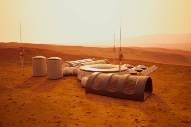 Bu resim, modüler habitatları ve iletişim antenleriyle Mars 'ın gelecekteki bir kolonisini gösteriyor. Tozla kaplanmış bir manzara, hepsi de puslu ve kırmızımsı gökyüzü tarafından aydınlatılıyor..