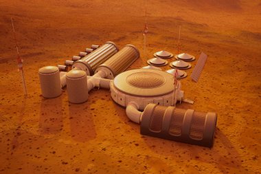 Bu sanat eseri Mars 'ta yaşayan modüller, güneş dizileri ve antenleri gösteren gelecekteki bir insan kolonisini sergiliyor..