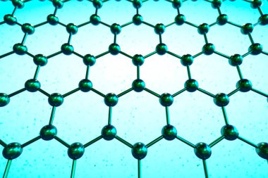 Bu detaylı makro fotoğrafçılık, bilimsel güzelliğini ve potansiyelini gözler önüne seren canlı bir turkuaz arka plan üzerinde vurgulanmış, bir grafen molekülünün eşsiz altıgen örgüsünü yakalar..