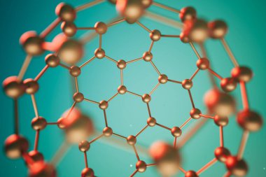 Bu resim, moleküler biyoloji ve kimya alanındaki gelişmiş kavramları sembolize eden, canlı bir deniz mavisi zeminine karşı soyut bir üç boyutlu moleküler yapı modelinin yakın plan görüntüsünü içerir..