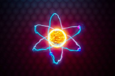 Bu dijital sanat eseri, yörüngede elektronları olan bir neon atom modelini çarpıcı bir kırmızı altıgen arka plana karşı dizilmiş, modern bilimsel görselleştirmeyi somutlaştırıyor..