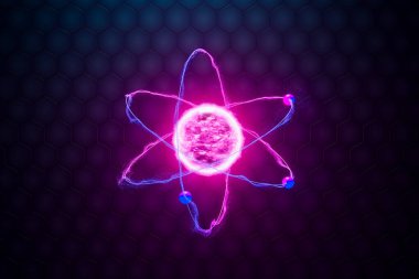 Bu çarpıcı dijital sanat eseri, parlak bir çekirdeğin yörüngesinde dönen elektronları olan bir atom modelini, koyu altıgen bir arka planda sunar..