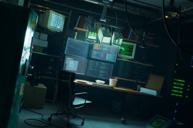 Bu görüntü bir programcının gece çalışma alanını yakalar, ekranların yumuşak parıltısıyla yıkanır, gerekli teknoloji araçlarıyla çevrelenmiş, karmaşık bir kod sergiler..