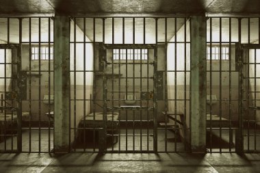 A desolate and eerie view of an abandoned prison cell at dusk, revealing a rusty barred door, stained walls, and a solitary, dilapidated bed under the dim light from a small window. clipart