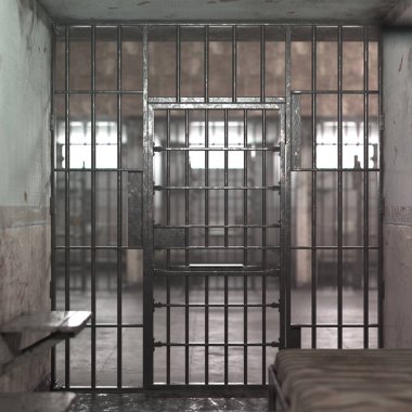 İzolasyonu gösteren bu resimde boş bir hapishane hücresi, sert metal parmaklıklar, yalnız bir bank ve soğuk beton duvarlara dökülen gölgeler var..