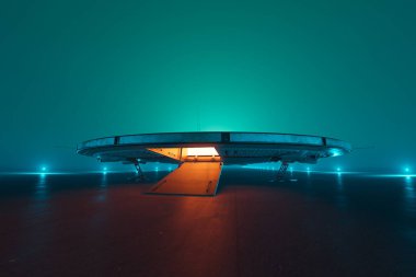 Sisli bir gecede, gelişmiş bir uçak rampası parlayan ve yolculara hazır bir şekilde bekliyor. Sahne, modern havacılığın ihtişamının ve gecenin sükunetinin bir karışımıdır..