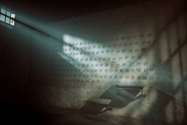Bu rahatsız edici görüntü, demir parmaklıklardan içeri süzülen güneş ışığını tasvir ediyor. Duvarlara sayısız iz bırakarak, uzun süreli hapis cezasına işaret ediyor..