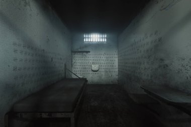 A haunting glimpse into an abandoned prison cell, its walls adorned with countless tally marks under dim light, evoking a profound sense of isolation and long-forgotten stories. clipart