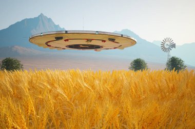 Büyüleyici illüstrasyon, ürkütücü bir şekilde altın buğday tarlasının üzerinde süzülen bir UFO tasvir ediyor, bir yel değirmeninin yanında, heybetli dağların altında, sakin bir gökyüzünün altında..