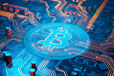 Bu çarpıcı resim göz kamaştırıcı neon ışıklarıyla vurgulanmış karmaşık bir elektronik devre kartı tasarımında ustaca harmanlanmış bir Bitcoin sembolünü gösteriyor..