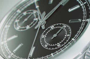 Bu yakın plan resim lüks bir kronograf saatinin karmaşık detaylarını gözler önüne seriyor. Zarif siyah kadranını, parlak metalik ellerini ve sofistike kalemlerini vurguluyor..