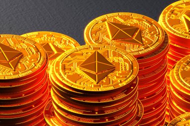 Dijital kripto para biriminde ve engelleme sektörlerinde artan nüfuzu ve potansiyel zenginliği temsil eden dokulu bir zemine karşı dikkatlice düzenlenmiş altın Ethereum sikkeleri yığını.