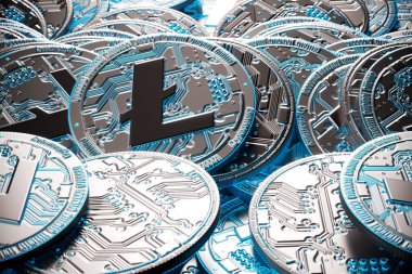 Litecoin kripto para biriminin karmaşık devre tasarımlarıyla detaylı bir görüntüsü, dijital para birimleri alemindeki son teknoloji engelleme zincirinin somut bir örneği..