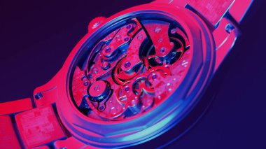 Mekanik bir saatin içinde, kırmızı ve mavi tonlarda dişlilerini ve mekanizmalarını gösteren, hassas mühendislik sanatının altını çizen karmaşık bir görüntü..