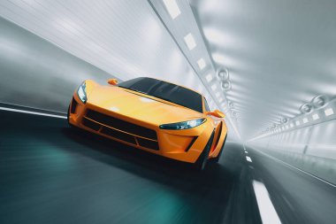 Modern mühendisliğin ve tasarımın özünü yakalayan turuncu bir spor araba, benzersiz bir hızla ışık saçan bir tünelden geçiyor..