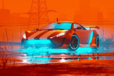 Neon ışıklandırmalı, şehrin ışıklarının altındaki yağmurlu bir caddede endüstriyel şehir merkezinden hızla geçen son teknoloji elektrikli bir arabanın büyüleyici görüntüsü..
