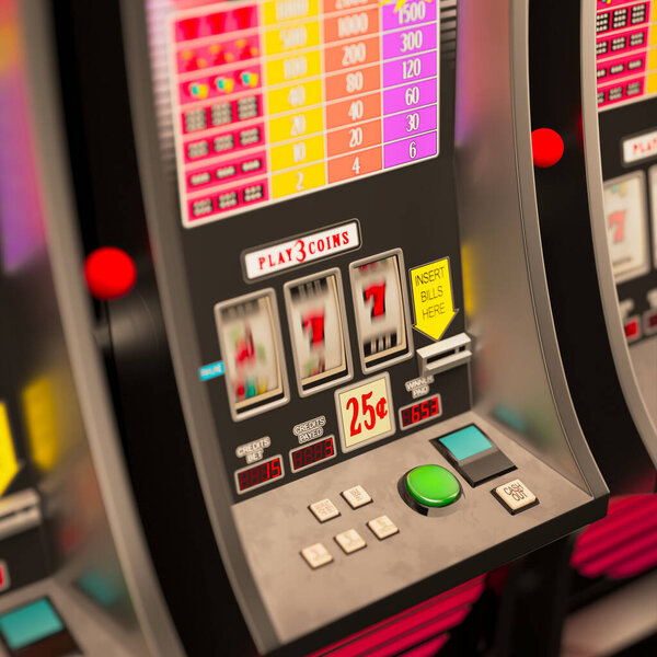 Это детальное изображение отражает сущность ярко освещенного игрового автомата, подчеркивая его красочный дисплей, варианты ставок и кредитные реквизиты, установленные в оживленной атмосфере казино.