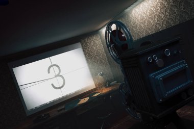 Klasik duvar kağıdıyla süslenmiş loş bir odada antika bir film projektörü klasik bir geri sayım liderinin parıltısını bir ekrana yansıtıyor ve sinemanın eski dünya cazibesini yeniden alevlendiriyor..