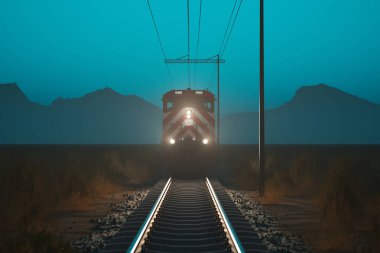 Gece vakti yapılan bir yük treni yolculuğunun özünü yakalayan bu sahne, trenin aydınlık yolunu, alacakaranlık altında sakin ve gölgeli bir arazide yürürken gösteriyor..