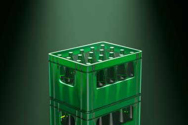 İçinde üniforma dolu, kırmızı renkli bira şişeleri olan siyah bir bira sandığı olan modern, minimalist bir kurgu..