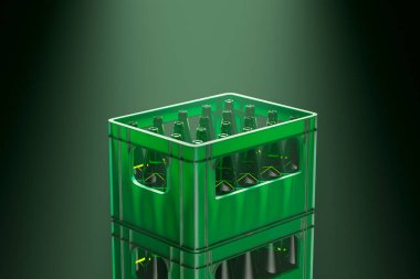 Bu resim, çevreci dostluğu ve modern ambalajı vurgulayan, aynı yeşil cam şişelerle dolu şeffaf bir sandık yakalıyor..