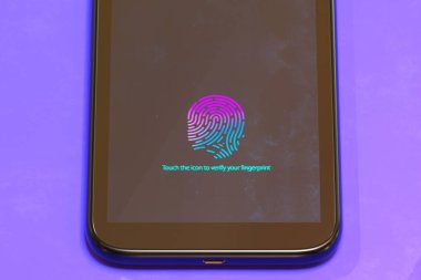 Gelişmiş güvenlik için biyometrik kimlik doğrulama kullanımını vurgulayan, parmak izi ikonu ile akıllı telefonun ekranını gösteren ayrıntılı bir görünüm.