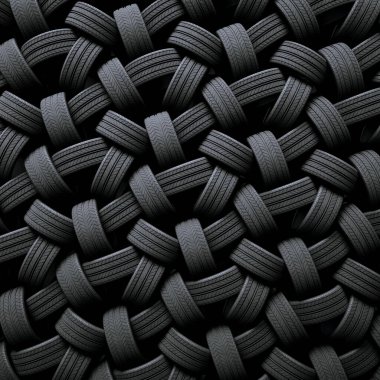 Bu görüntü, titizlikle istiflenmiş, endüstriyel dayanıklılık, doku ve otomotiv tasarımının özünü gösteren çarpıcı bir siyah araba lastiği deseni yakalıyor..