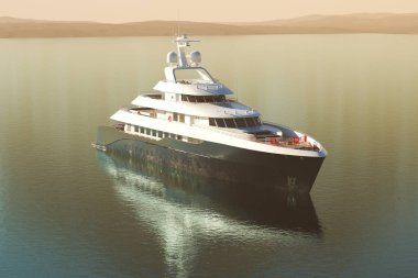 Görkemli lüks bir yat, büyüleyici bir günbatımı altında huzurlu sularda yüzer. Zenginliği, sükuneti ve macera vaadini simgeler..