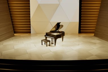 Tek bir siyah kuyruklu piyano, modern bir konser salonunun parke zemininde, geometrik akustik panellerle aydınlatılmış ve çevrelenmiş, performansa hazır bir şekilde oturmaktadır..