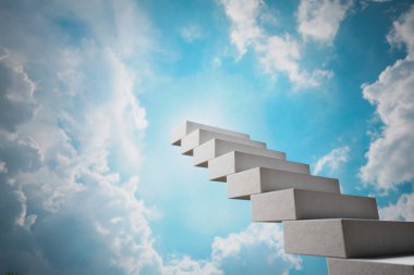 Bulutlarla kaplı açık, mavi bir gökyüzünün altındaki merdiven gibi yükselen beyaz blokların arasından çarpıcı bir görsel metafor gelişimi ve potansiyeli somutlaştırıyor..