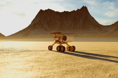 This image captures a Mars rover embarking on a journey across the Martian landscape, under the early rays of the sun, highlighting the planet's rocky terrain and vast desolation. clipart