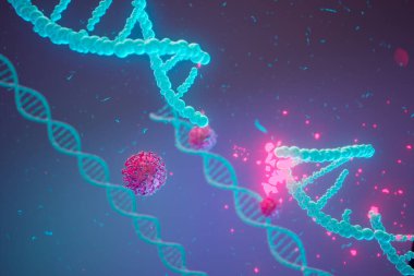 Bu çarpıcı görüntü, virüs parçacıklarıyla iç içe geçmiş canlı neon DNA ipliklerinin son teknoloji genetik ve virolojik araştırmaları sembolize eden 3 boyutlu bir çizimini yakalıyor..