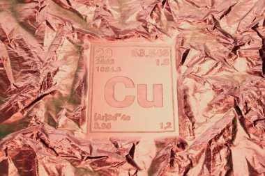 A visual representation of the copper element from the periodic table, showcased on a textured metallic foil, emphasizing its significance in chemistry and industrial applications. clipart