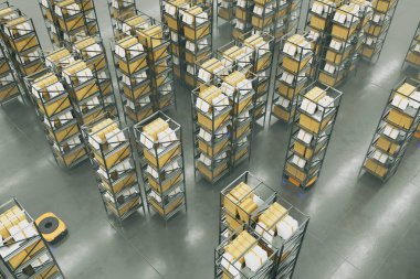 Overhead view of a cutting-edge automated warehouse, showcasing robotic arms and neatly organized yellow storage bins on vast shelving units. clipart