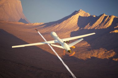 İnsansız bir hava aracı kurak çöl manzarasında süzülür, batan güneşin büyüleyici parıltısı altında dağların dingin güzelliğini yakalar..