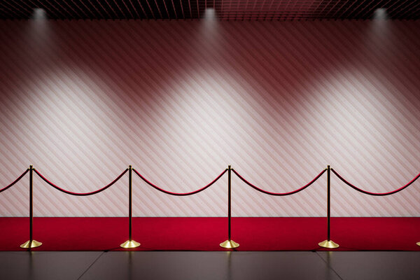 Это изображение отражает сущность эксклюзивности со сложным красным ковровым входом, выделенным роскошными бархатными веревками и блестящими золотыми стойками на элегантном полосатом фоне стены.