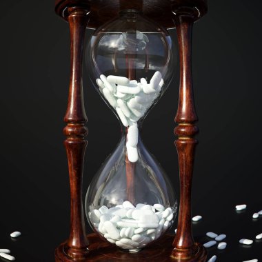 Tıpla zaman arasındaki kritik etkileşimi simgeleyen, beyaz kapsüllerle dolu ahşap bir kum saati tasvir eden çarpıcı bir kavramsal fotoğraf..