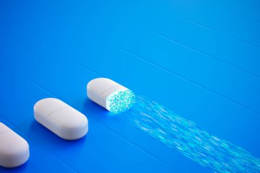 This striking 3D image captures a white capsule pill in the process of dissolving, with particles visibly dispersing against a bold blue backdrop, showcasing a medical concept. clipart