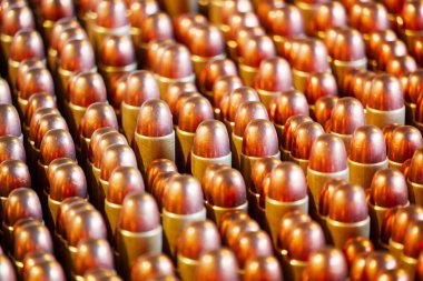 Bu resim, çoklu bakır mermi kartuşlarının detaylı bir görüntüsünü gösteriyor. Tam olarak sırayla dizilmiş, yansıtıcı yüzeylerini ve karmaşık detaylarını yakalıyor..