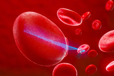 Gelişmiş bir 3D görüntüleme İnsan kan dolaşımı içinde hassas uyuşturucu dağıtımı yapan, belirli kan hücrelerini hedef alan bir nanorobot.