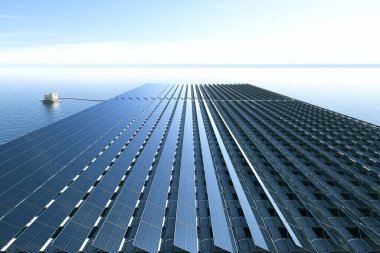 Sakin su üzerindeki yüzen güneş panelleri parlak mavi bir gökyüzünün altında ufka doğru uzanıyor. Bu sürdürülebilir enerji çözeltisi modern yenilenebilir teknolojiyi sergiliyor.