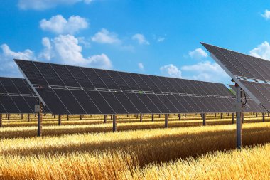 Güneş panelleri, yenilenebilir enerji üretmek için güneş ışığından yararlanan altın buğday tarlasının üzerinde yer alır. Bulutlarla kaplı açık mavi bir gökyüzü doğa ve teknolojinin bu karışımını geliştirir..