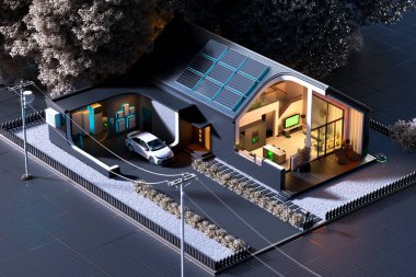 Contemporary smart home showcasing solar panels and an electric vehicle charging station. Emphasizes sustainable living with advanced energy efficiency and cutting-edge technology. clipart