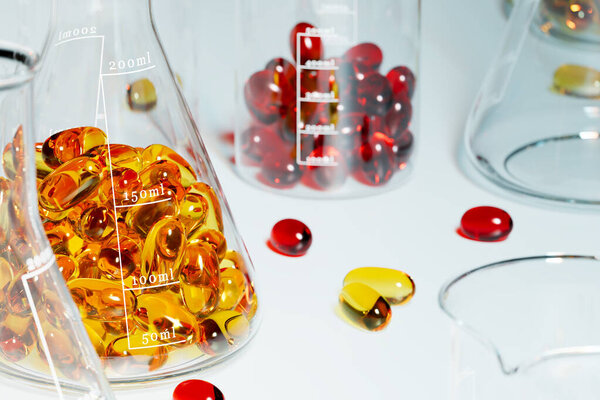 Imagen Profundidad Que Muestra Cristalería Laboratorio Transparente Que Contiene Cápsulas — Foto de Stock