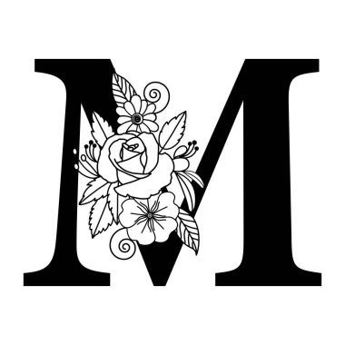 Dekoratif Çiçek Harfi M Monogram, Siyah ve Beyaz Alfabe, Tipografi İllüstrasyonu